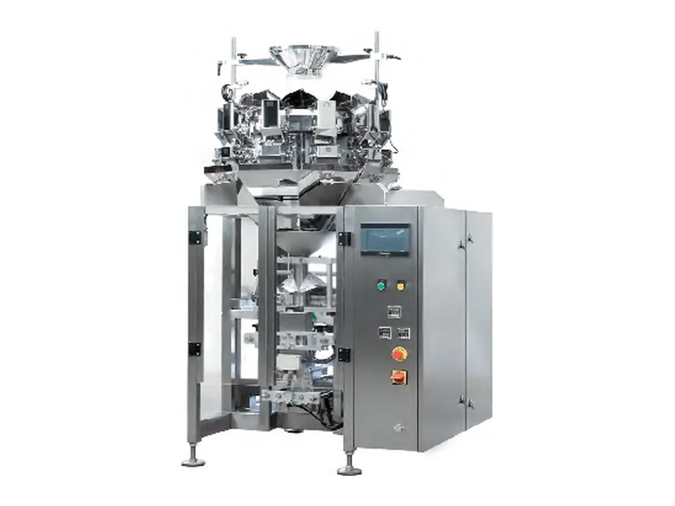 Compact VFFS packaging machine with multihead weigher