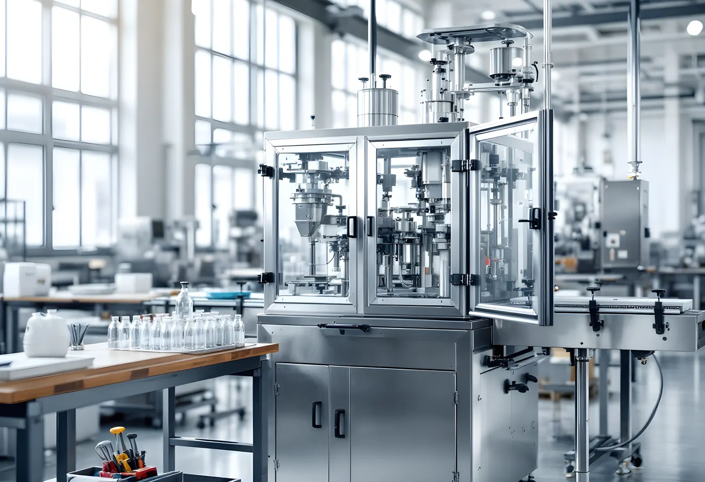 A stainless steel packaging machine in a bright workshop